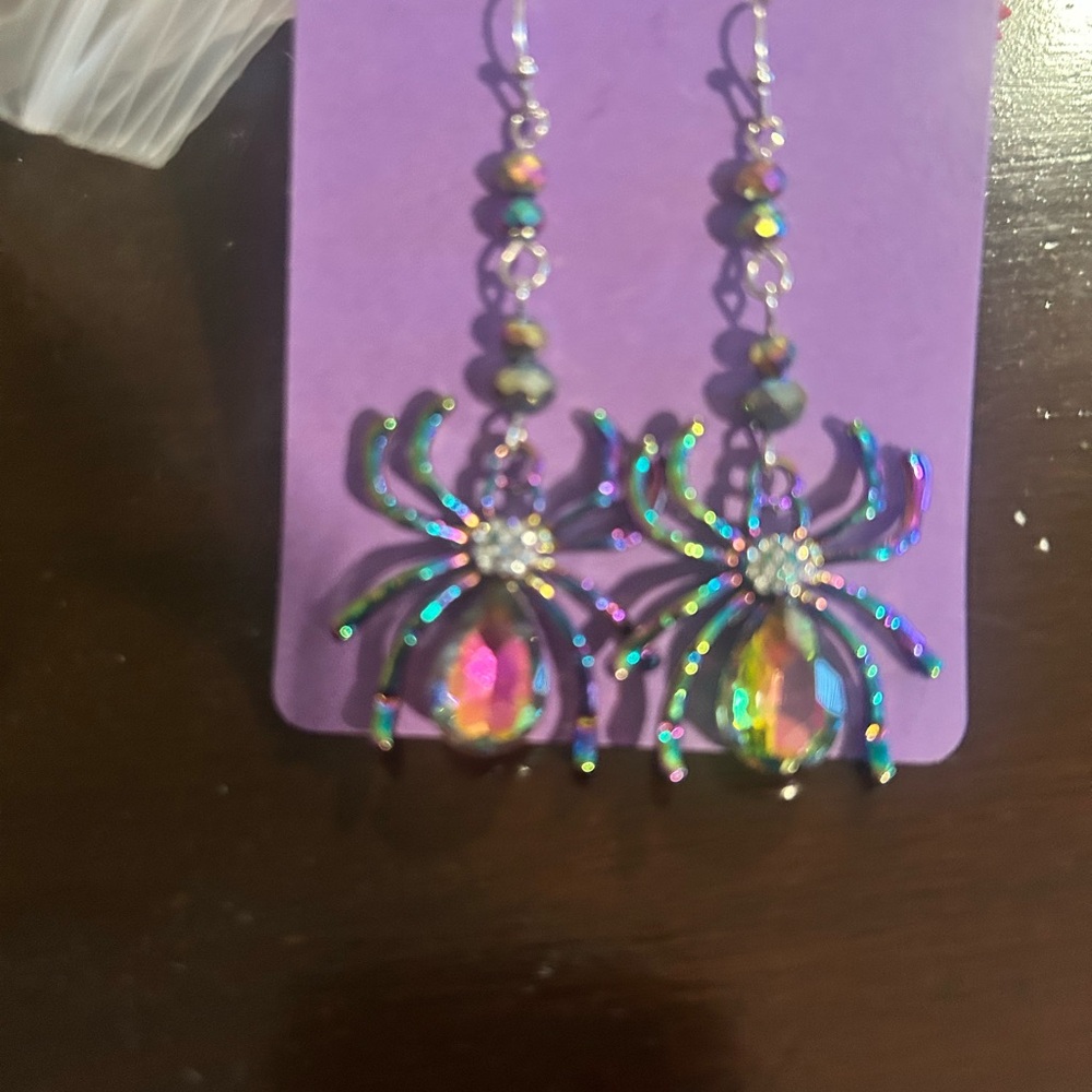 Iridescent glass and crystal Spider Earrings